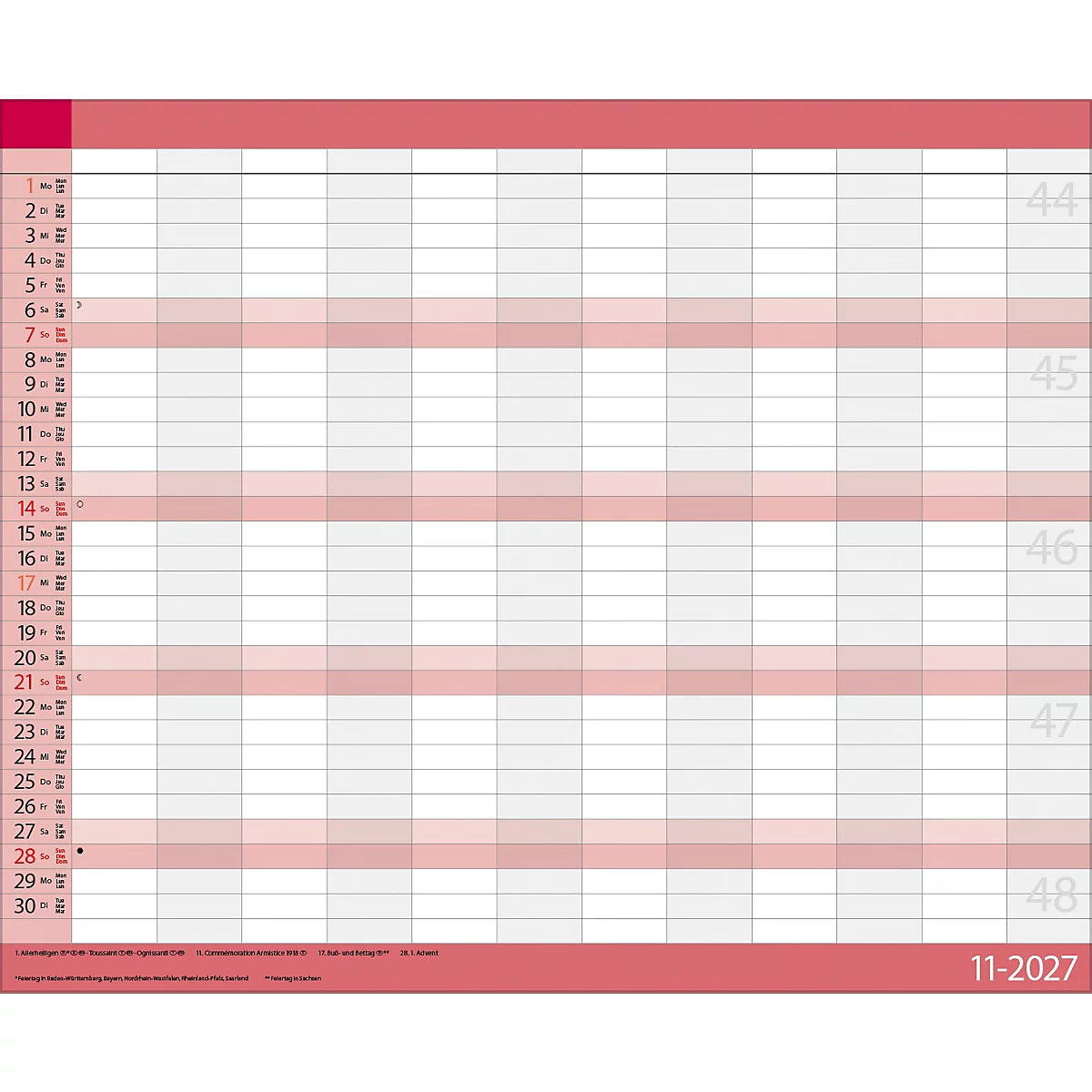 Un planificateur hebdomadaire avec des colonnes grises et des lignes roses. Les numéros d'année 11-2027 sont en bas.