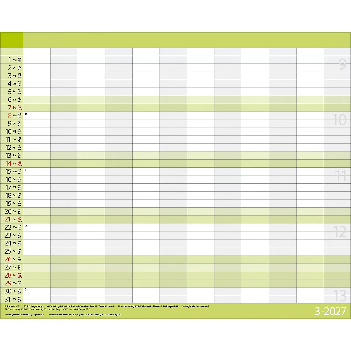 Planificateur mensuel 3-2027 avec des accents verts, des champs gris pour les colonnes de dates, des chiffres de 1 à 31 et des colonnes vides pour les notes.
