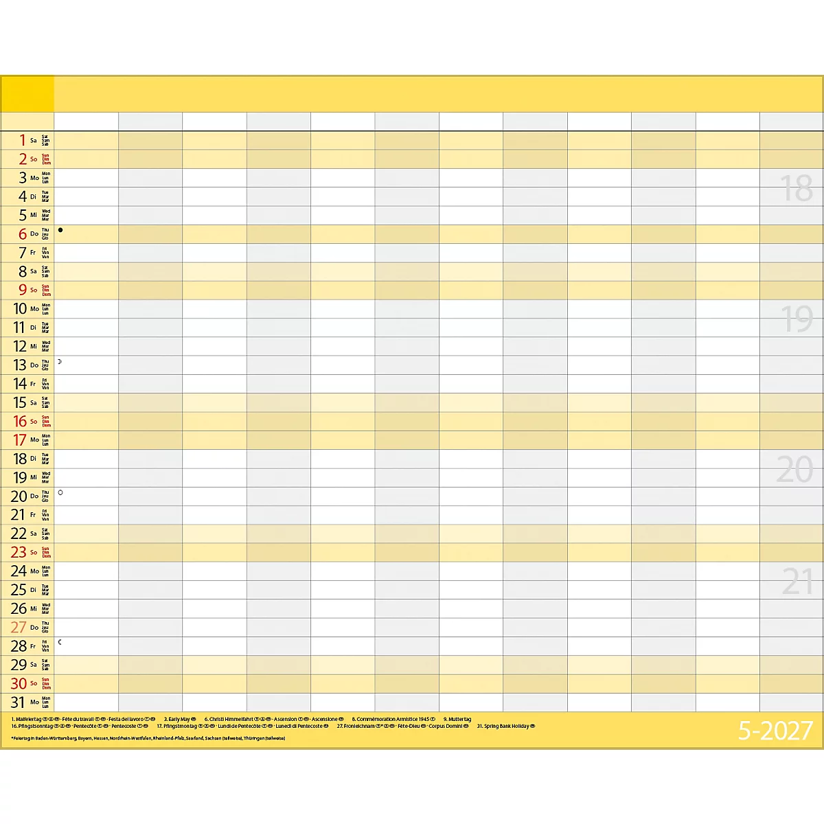 Planificateur hebdomadaire jaune et gris, daté de mai 2027. Colonnes verticales pour les jours, lignes horizontales pour les rendez-vous.