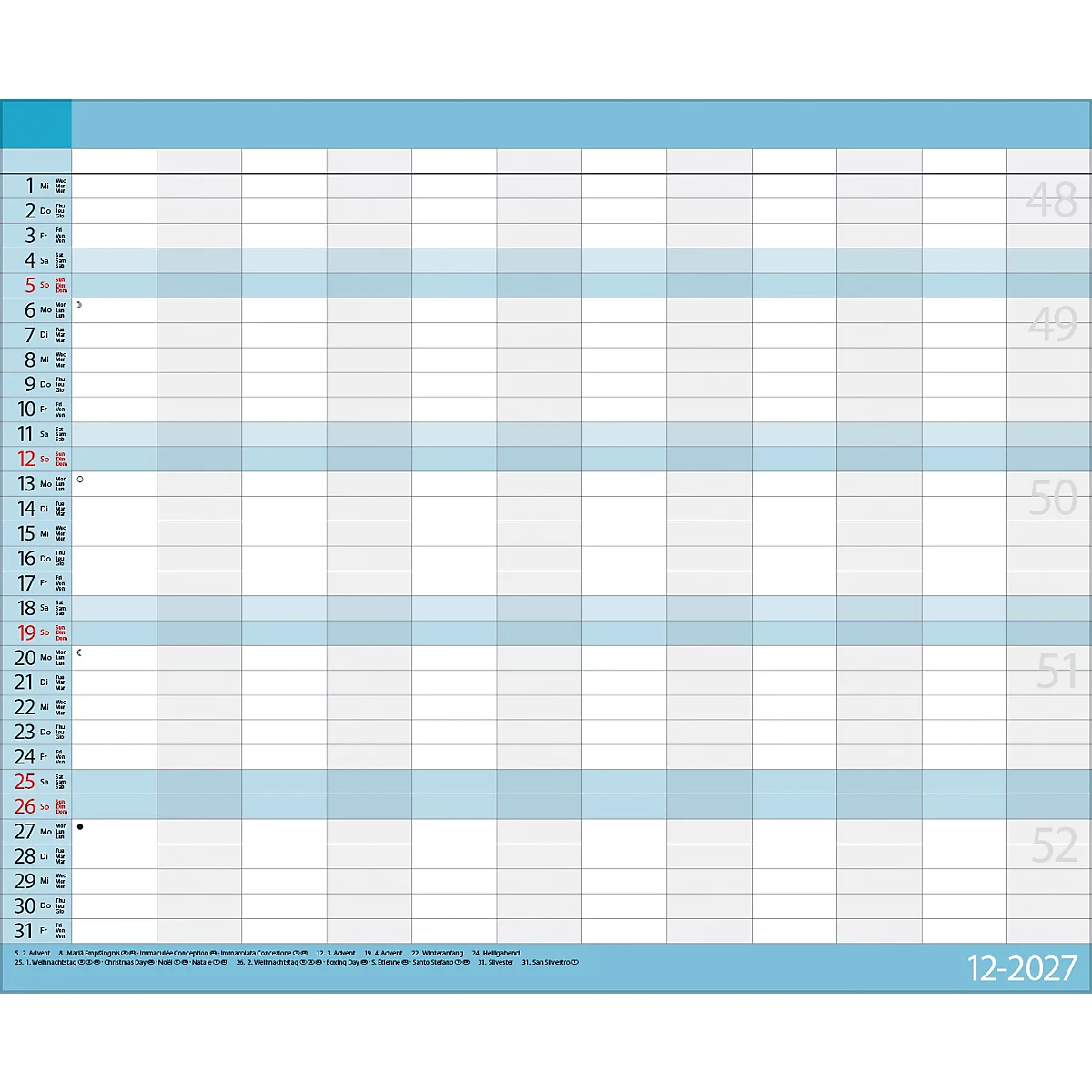 Planificateur annuel bleu et gris, format tableau. La colonne de gauche affiche les jours 1 à 31. En bas à droite : 12-2027.