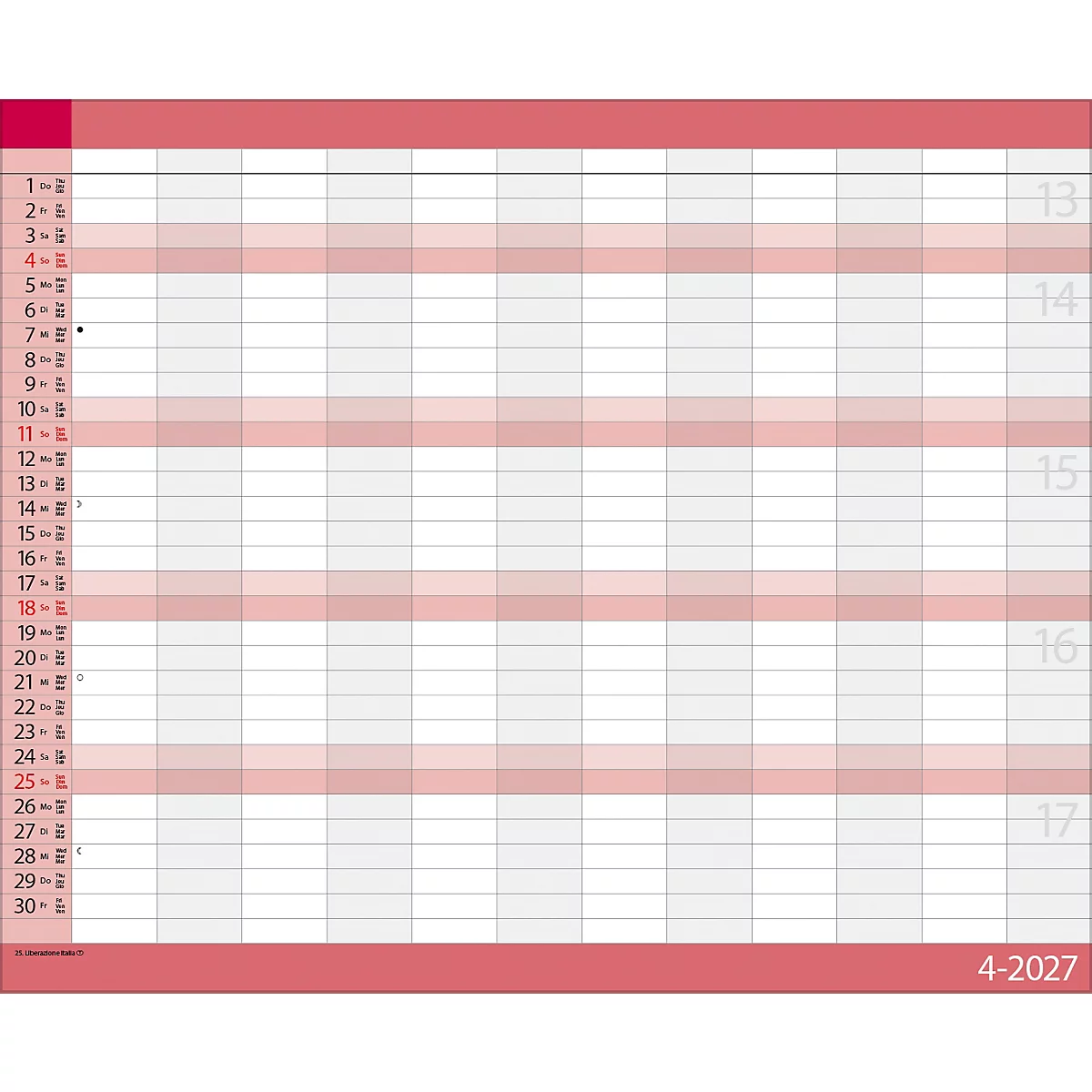 Un calendrier rouge avec des champs gris, divisé en jours et en semaines. Les semaines du calendrier sont sur le bord droit, l'année 4-2027 en bas.