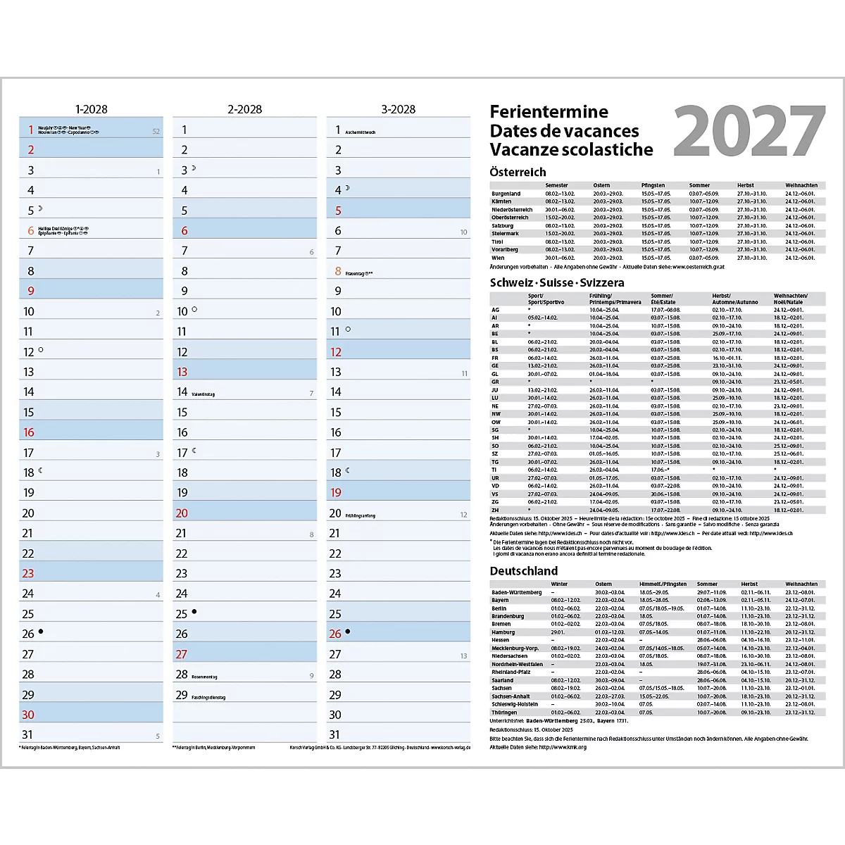 Calendrier 2027 avec les dates de vacances pour l'Autriche, la Suisse et l'Allemagne.