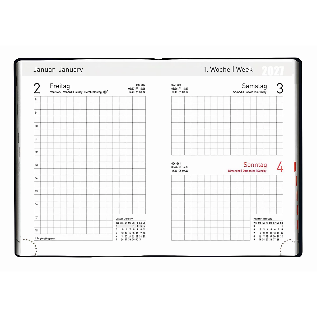 Page ouverte d'un calendrier, 2 janvier, 1ère semaine, 2022. Champs rectangulaires pour les notes, vue du calendrier de janvier et février.