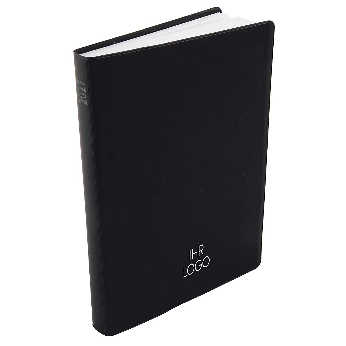 Carnet noir avec lettrage blanc 'IHR LOGO'. L'année 2027 est indiquée sur le côté.