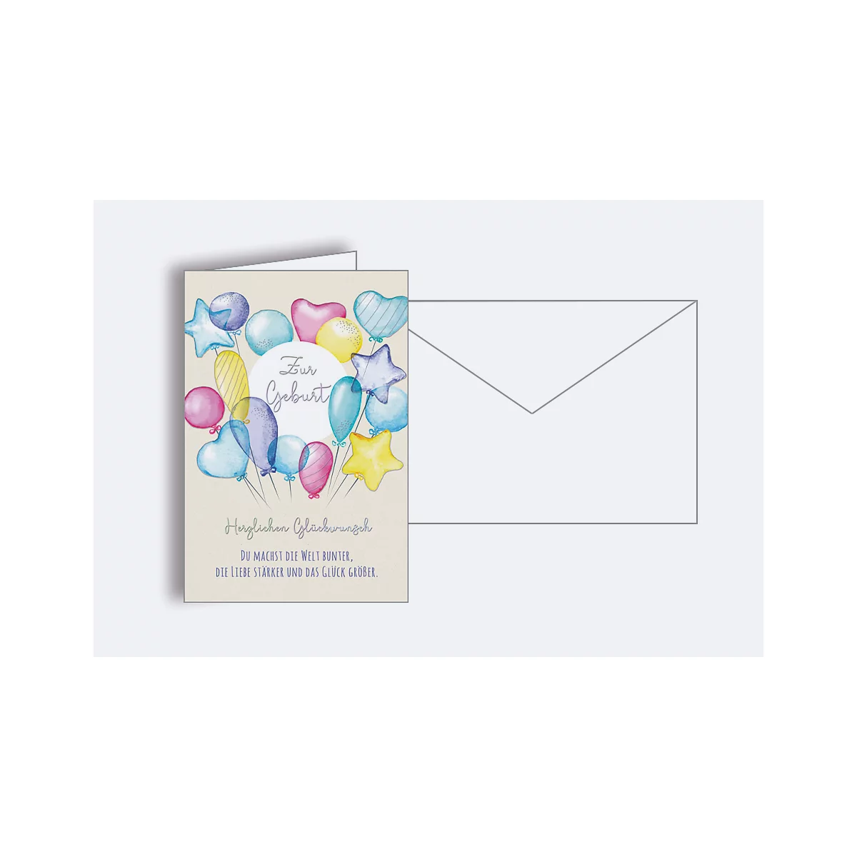 Carte d'anniversaire avec des ballons colorés et l'inscription "Joyeux anniversaire". À côté, une enveloppe blanche.