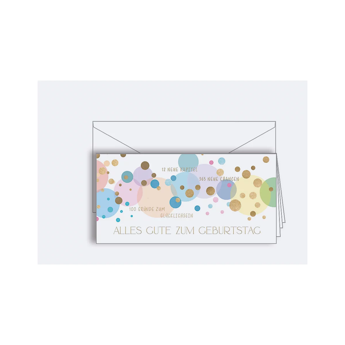Carte d'anniversaire avec des cercles colorés et l'inscription 'Alles Gute zum Geburtstag'. Plus une enveloppe blanche.