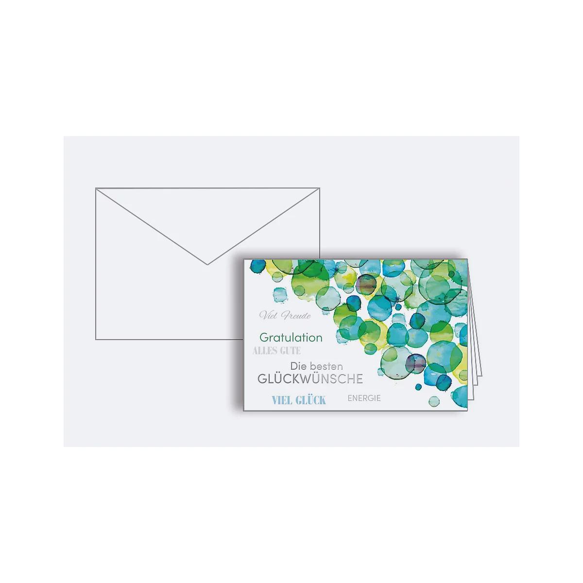 Une carte de vœux avec des cercles colorés et du texte comme 'félicitations' et une enveloppe à côté.