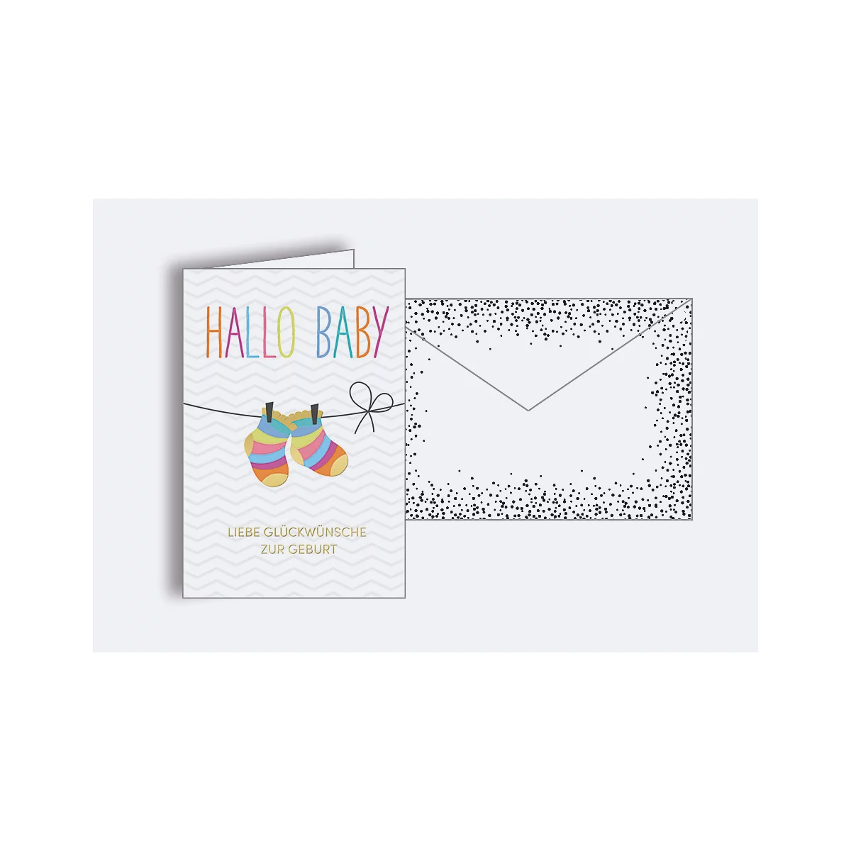 Carte de naissance avec des chaussettes colorées et l'inscription 'Hallo Baby'. Inclut une enveloppe.