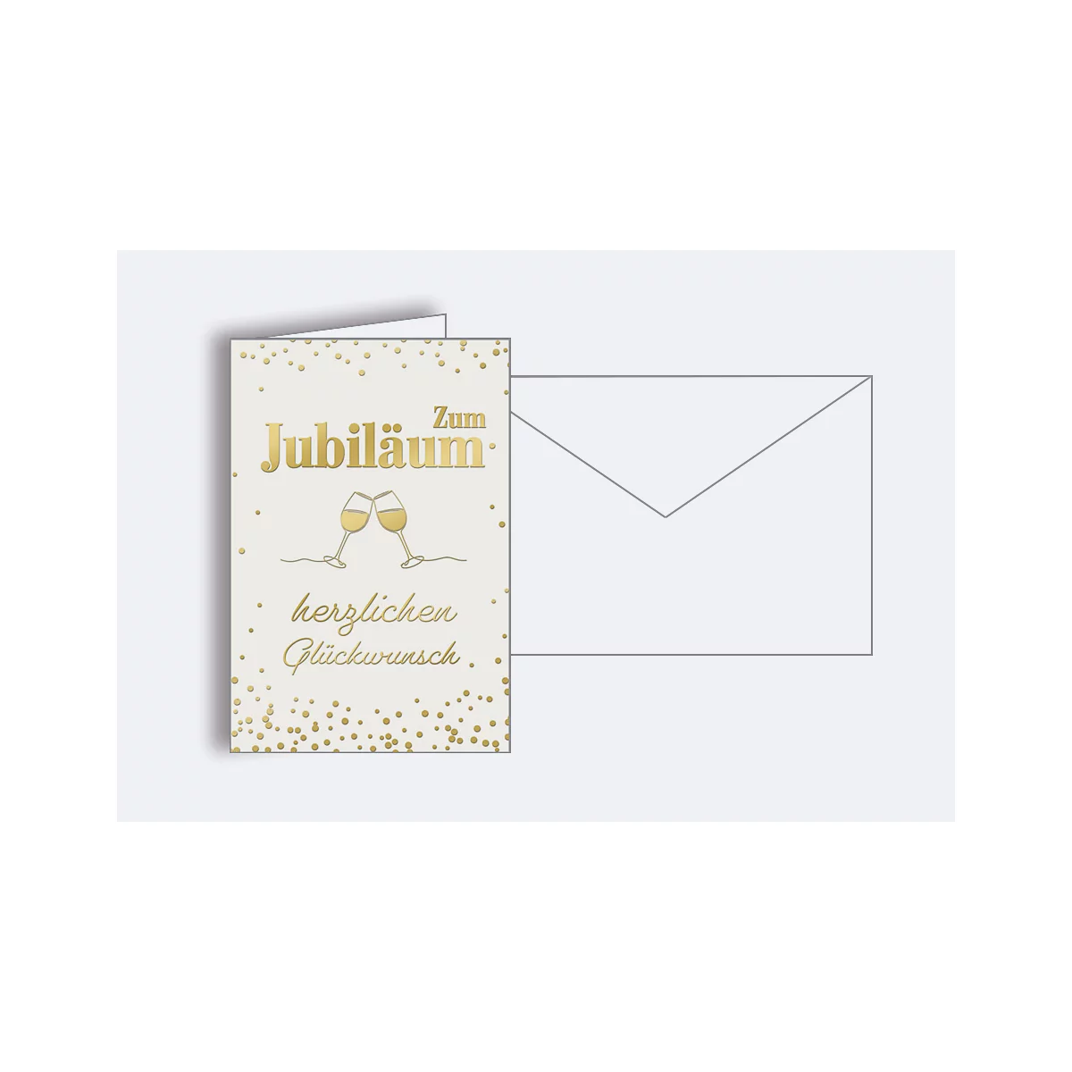Une carte de vœux avec "Zum Jubiläum" et "Herzlichen Glückwunsch" en or. Deux verres de champagne et une décoration scintillante. Une enveloppe blanche se trouve à côté.