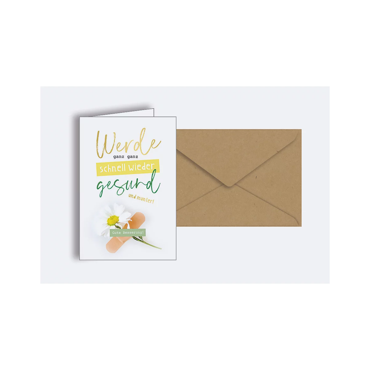 Carte de prompt rétablissement avec texte et une fleur avec un pansement à côté d'une enveloppe.