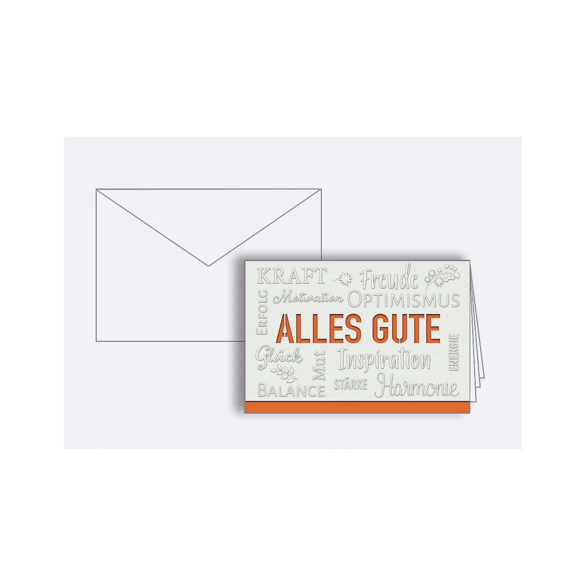 Carte avec l'inscription 'ALLES GUTE'. Des mots comme bonheur, inspiration et harmonie entourent le texte.