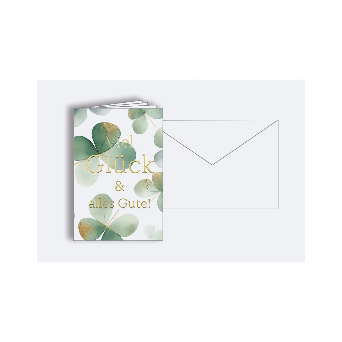 Carte de vœux avec motif de trèfle porte-bonheur et lettrage doré, plus une enveloppe assortie.