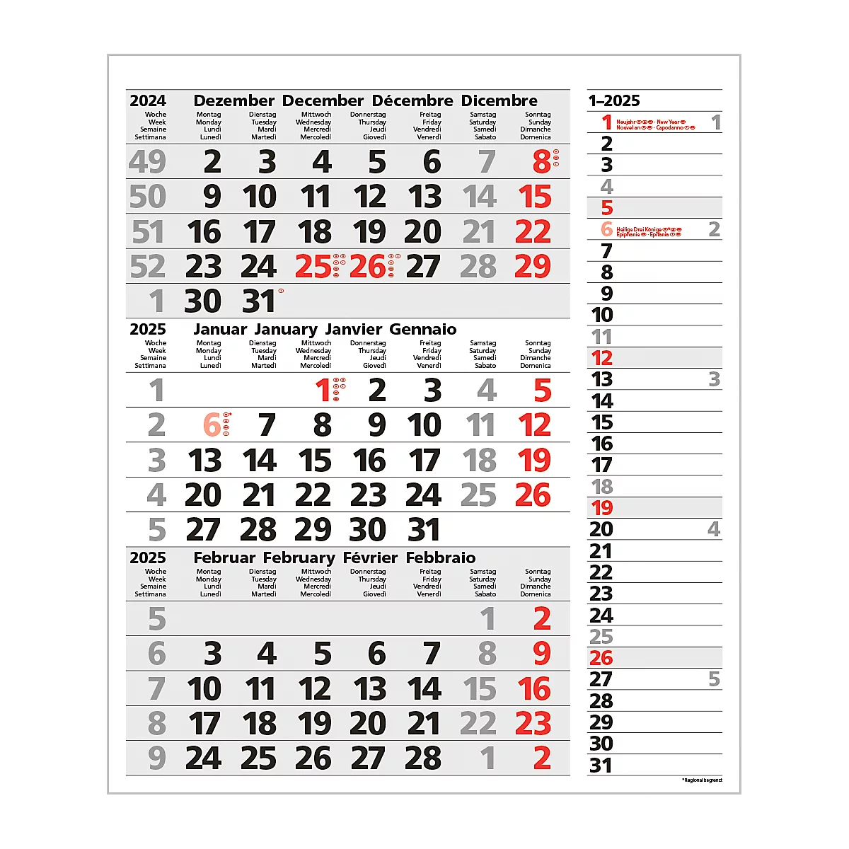 Korsch Planning 3 mois 2025 Combi, minuteur à bandes, curseur de date, L 300 x H 478 mm, gris