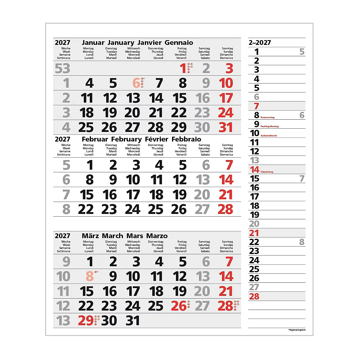 Un calendrier mural pour 2027 présentant les mois de janvier, février et mars. Les jours sont disposés en tableaux, avec des dates en surbrillance en couleur.