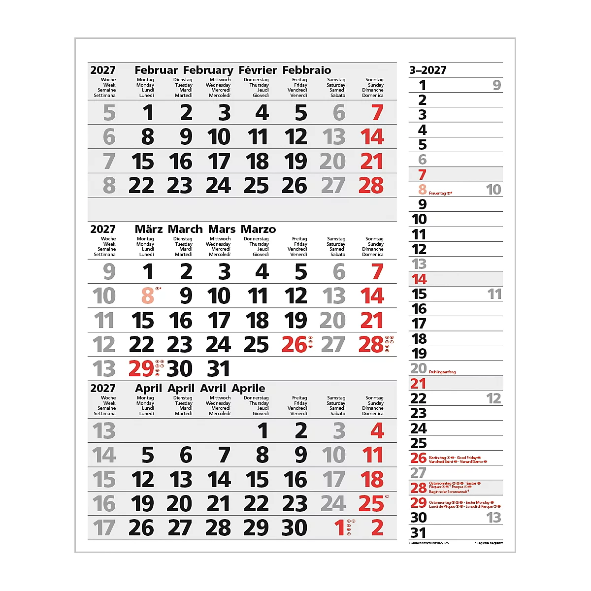 Calendrier avec les mois de février, mars et avril 2027. Les chiffres rouges indiquent les jours fériés.