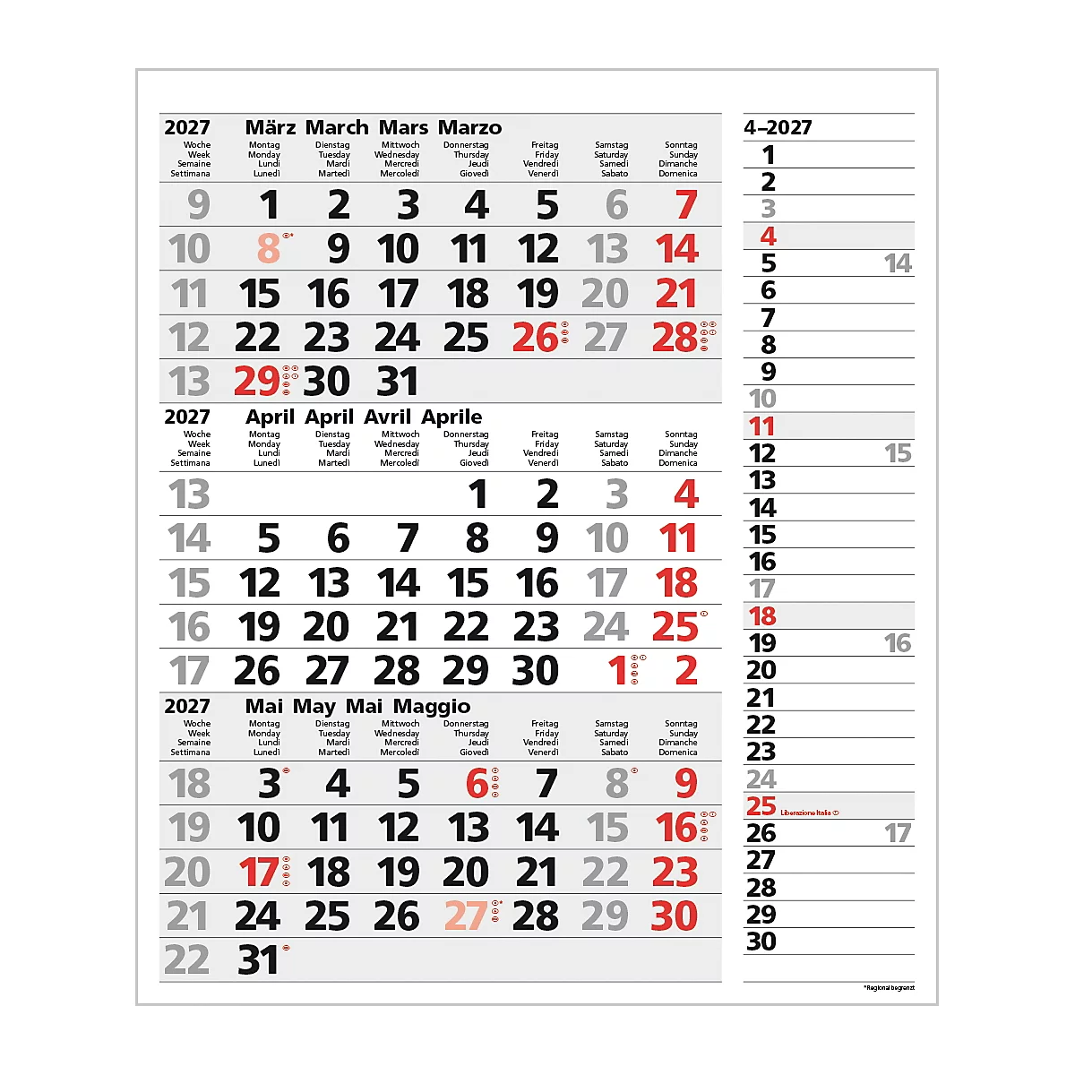 Calendrier mensuel pour mars, avril et mai 2027. Les chiffres sont imprimés en noir et rouge.