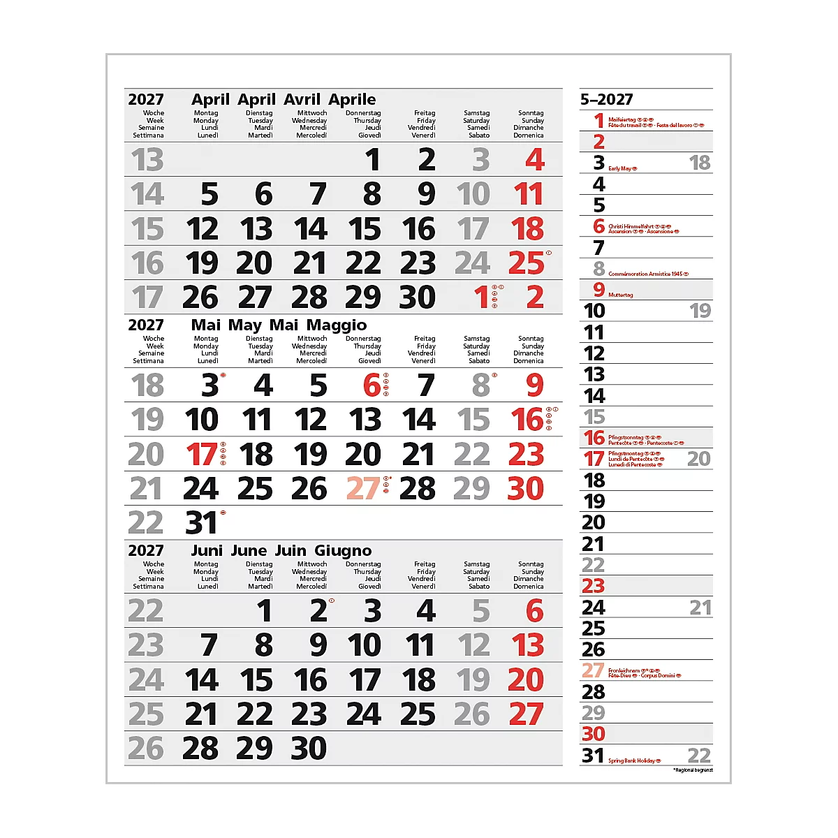 Calendrier avec les mois d'avril, mai et juin 2027. Les chiffres rouges indiquent les jours fériés.