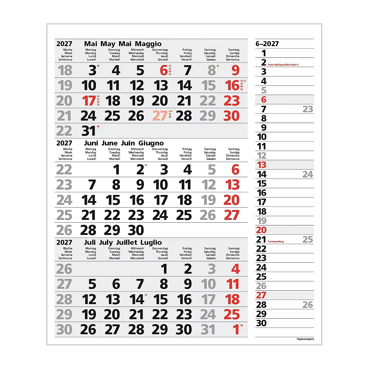 Calendrier de mai, juin et juillet 2027 avec des marquages colorés.