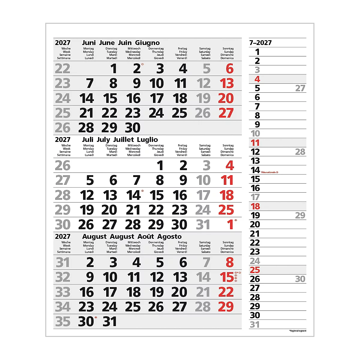 Calendrier des mois de juin, juillet et août 2027, en plusieurs langues. Les chiffres rouges mettent en évidence les dates importantes.