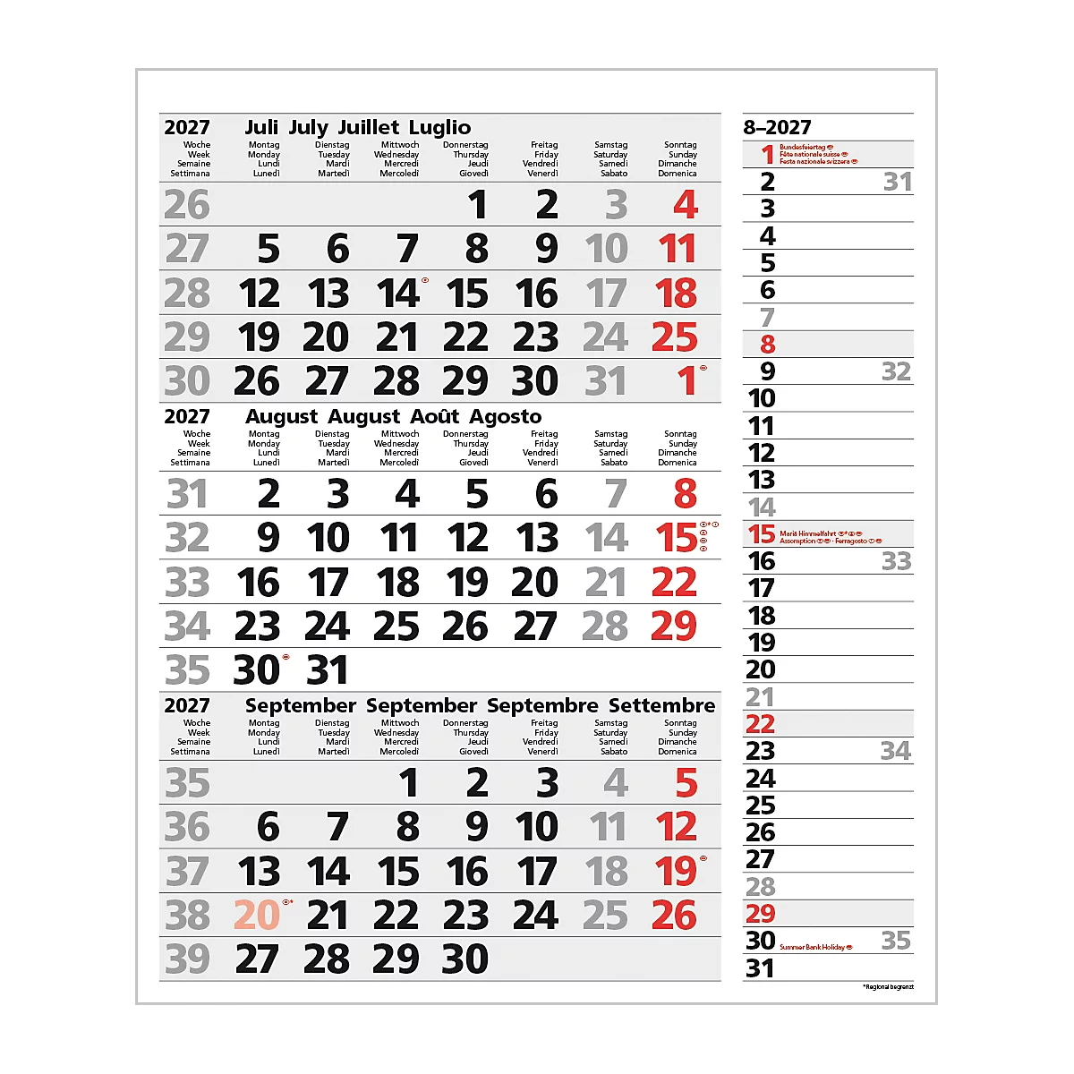 Un calendrier mural trilingue indiquant les dates de juillet à septembre 2027.