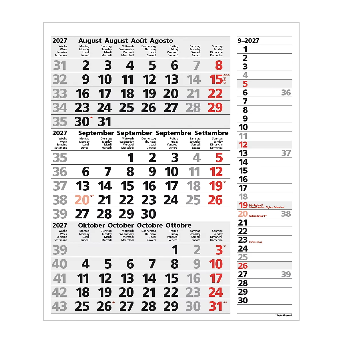 Calendrier d'août, septembre et octobre 2027 en allemand, français, italien et anglais.