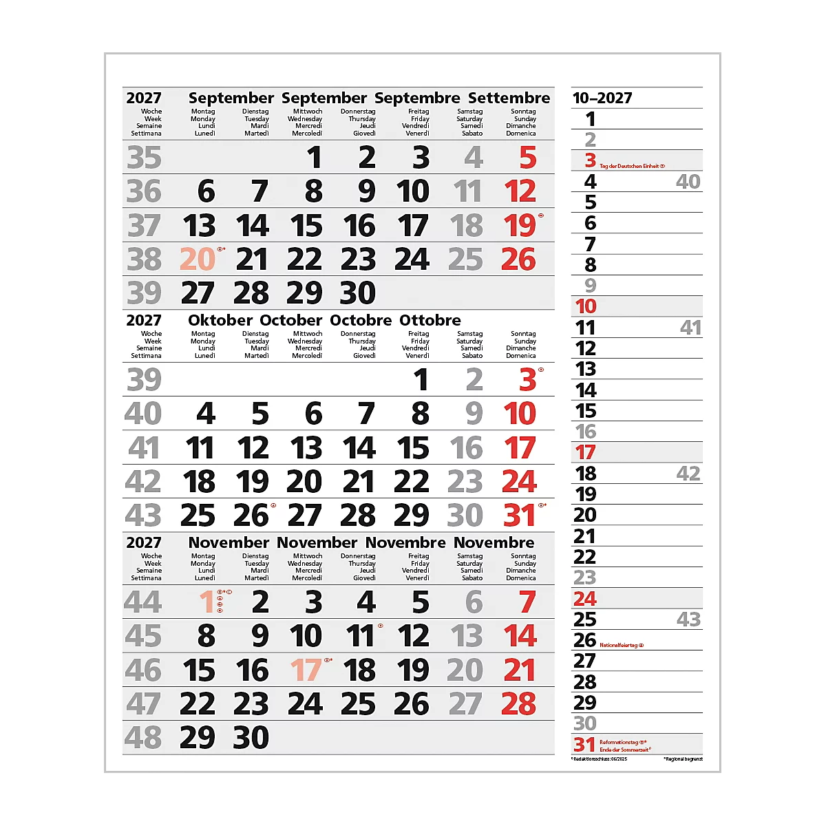 Un calendrier de trois mois pour septembre, octobre et novembre 2027. Les week-ends sont en rouge.