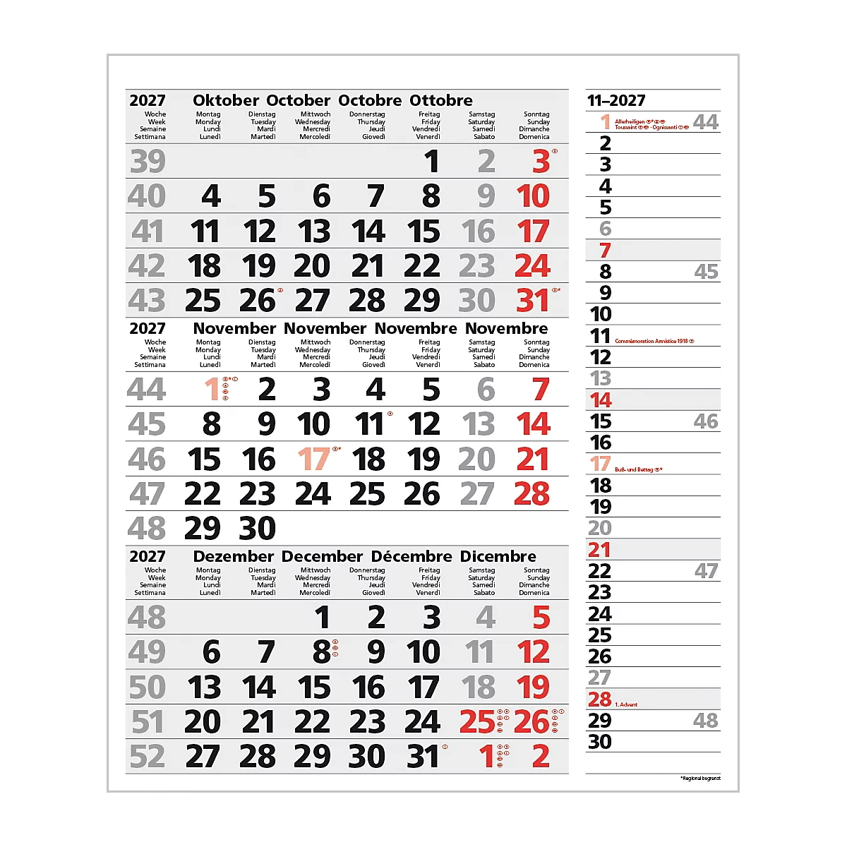 Calendrier pour octobre, novembre et décembre 2027 avec des dates en surbrillance.