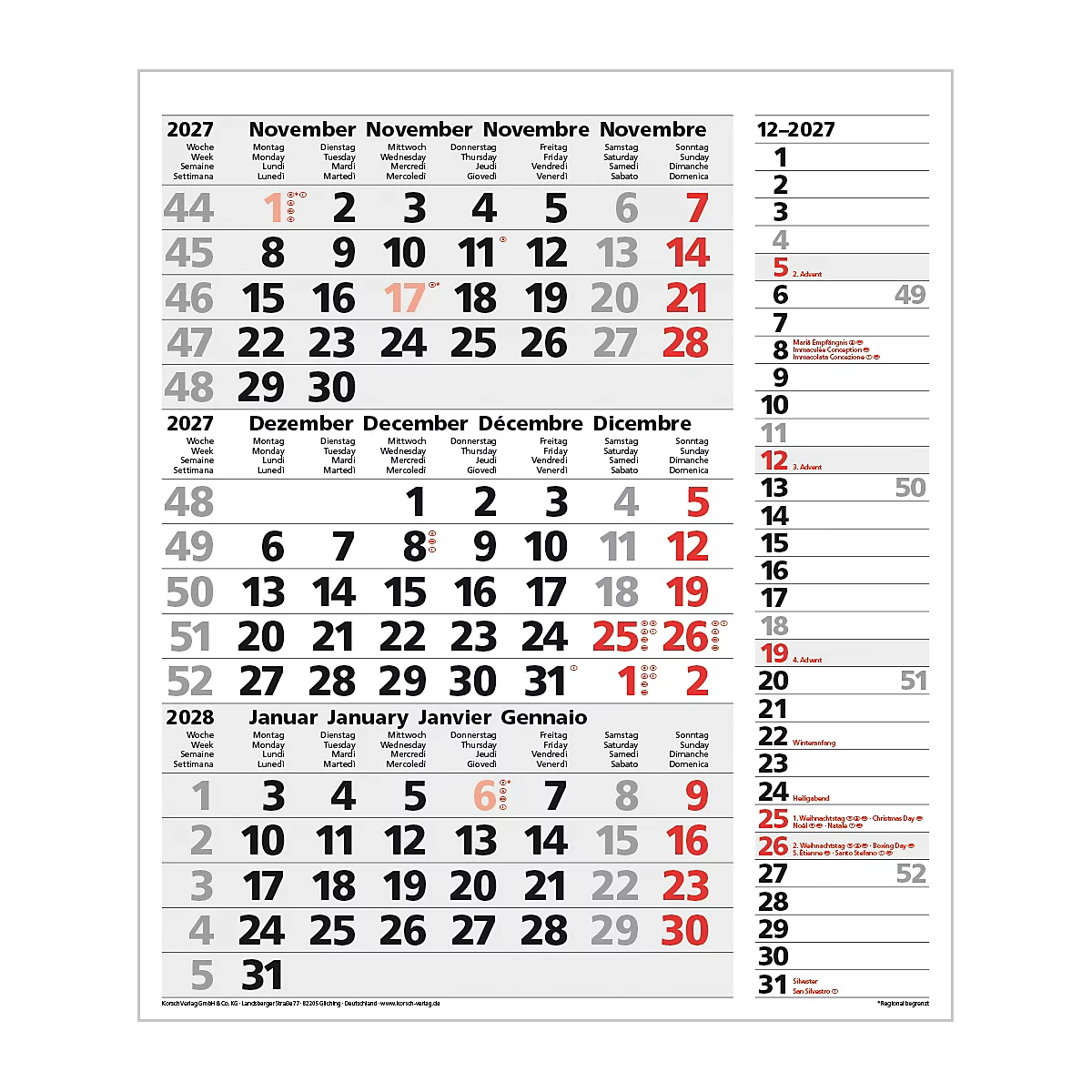 Calendrier avec novembre et décembre 2027 et janvier 2028. Les chiffres rouges indiquent les jours fériés.