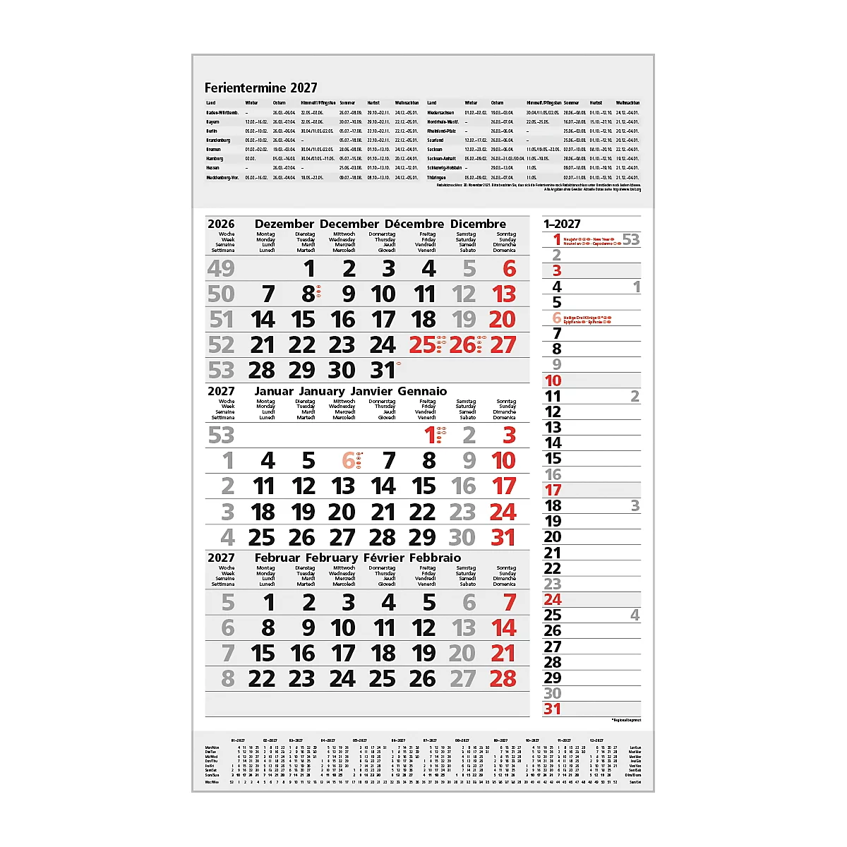 Calendrier 2027 avec jours fériés. Les mois sont indiqués en allemand, anglais, français et italien. Les chiffres rouges indiquent les jours fériés.