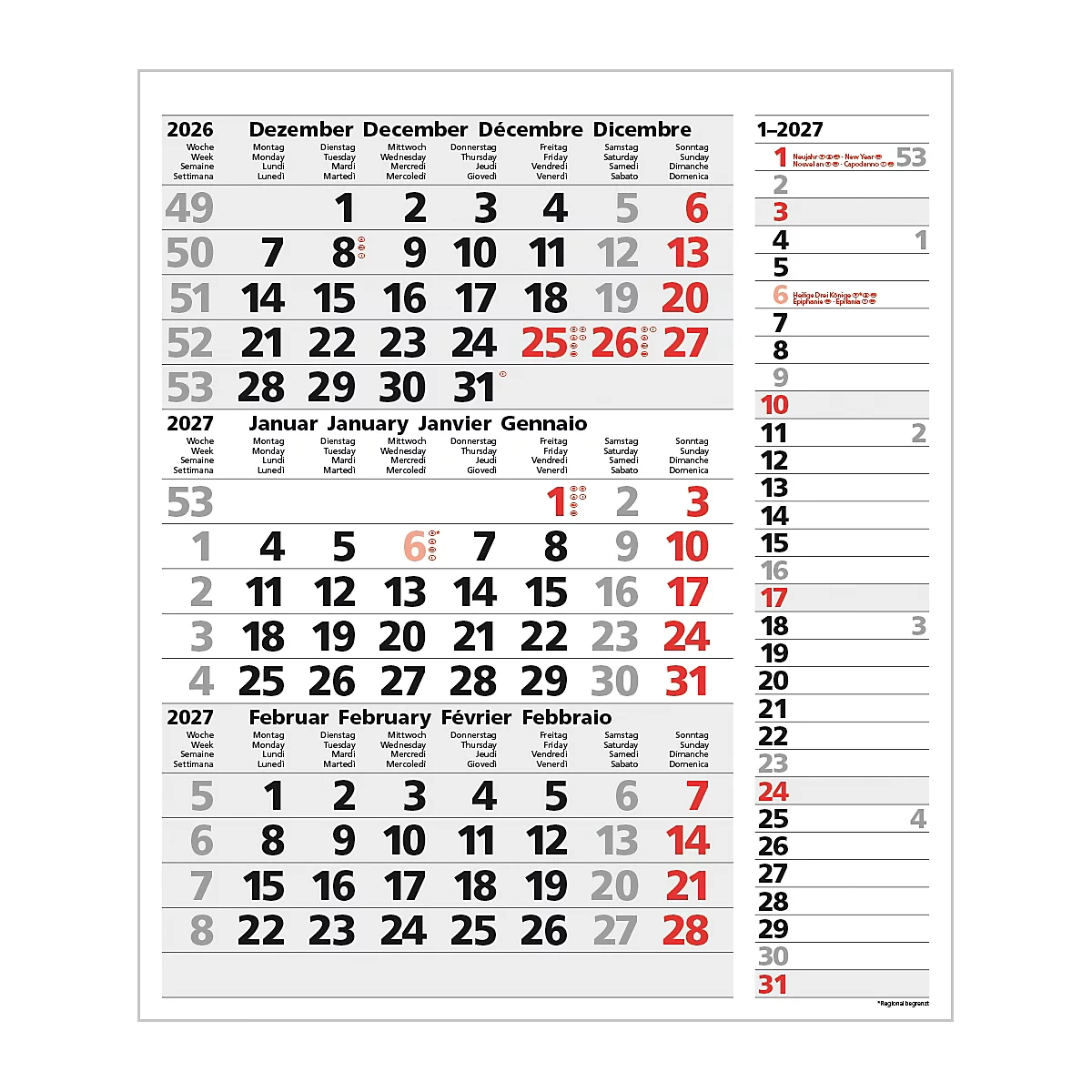 Un calendrier annuel détaillé affichant les mois et les jours en plusieurs langues.