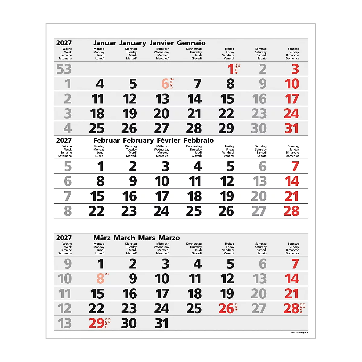 Un calendrier mural trimestriel pour 2027 affichant janvier, février et mars. Les jours sont dans des cases gris clair avec le texte en rouge mis en évidence.