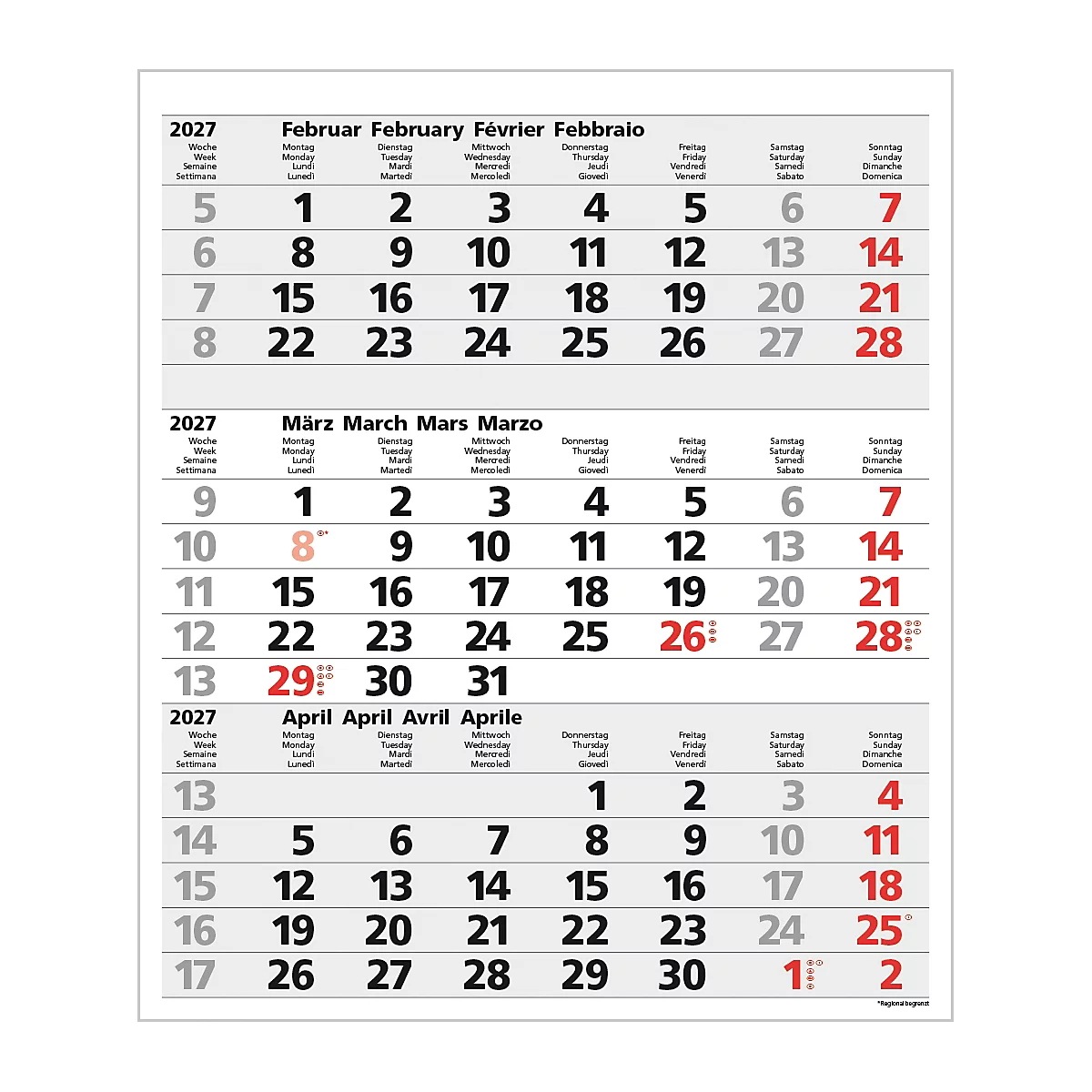 Un calendrier pour 2027 montrant les mois de février, mars et avril. Les jours sont indiqués en plusieurs langues.