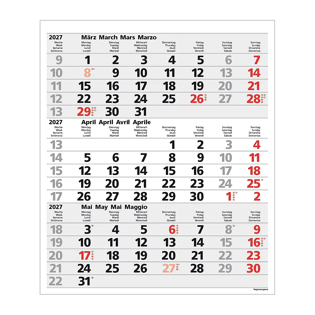 Calendrier indiquant les mois de mars, avril et mai 2027. Les jours sont indiqués en allemand, anglais, français et italien.