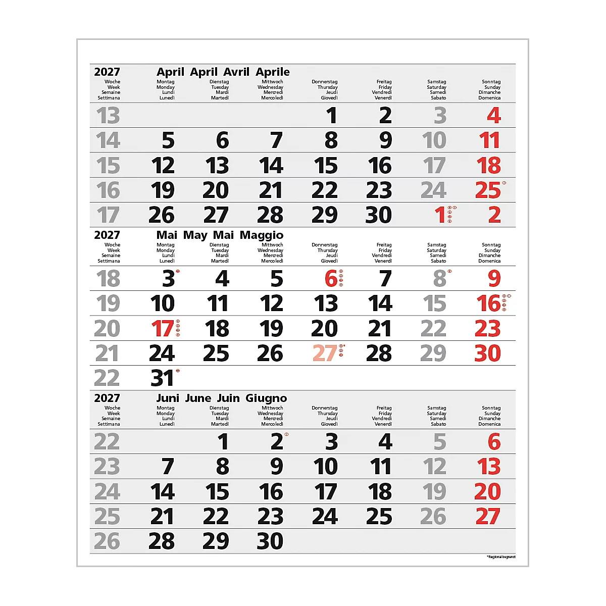 Calendrier 2027 avec les mois d'avril, mai et juin. Dates en format tableau, certaines en rouge.