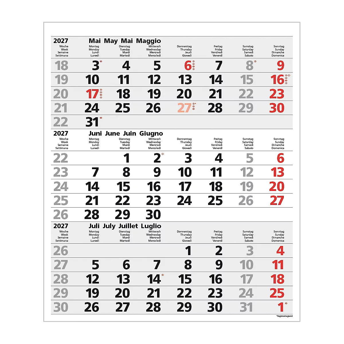 Un calendrier mural trilingue pour 2027 montrant mai, juin et juillet. Les jours sont en rose pâle et gris.