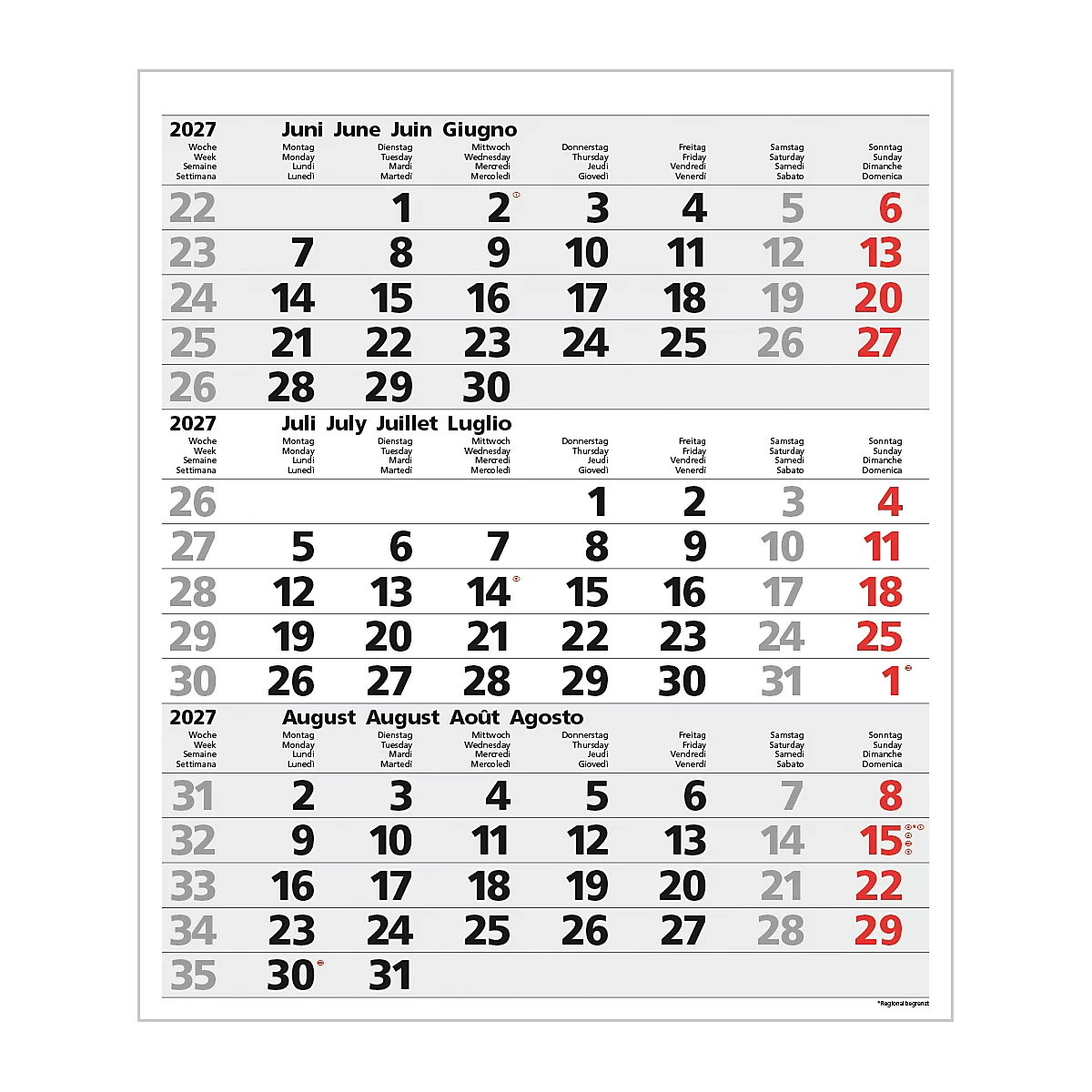 Calendrier de juin, juillet et août 2027. Comprend les dates et les jours de la semaine.