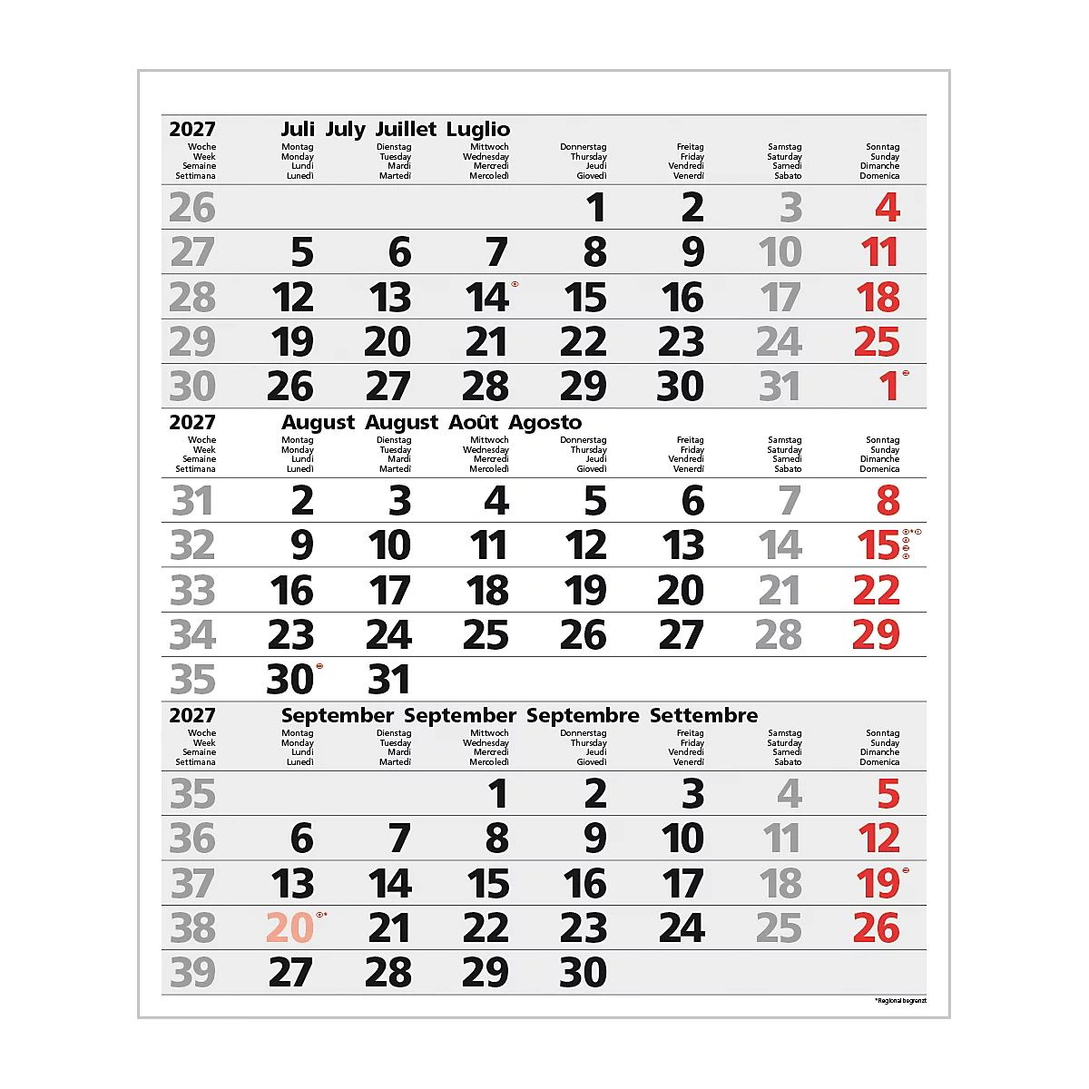 Calendrier 2027, affichant juillet, août et septembre. Les dates sont étiquetées en plusieurs langues.