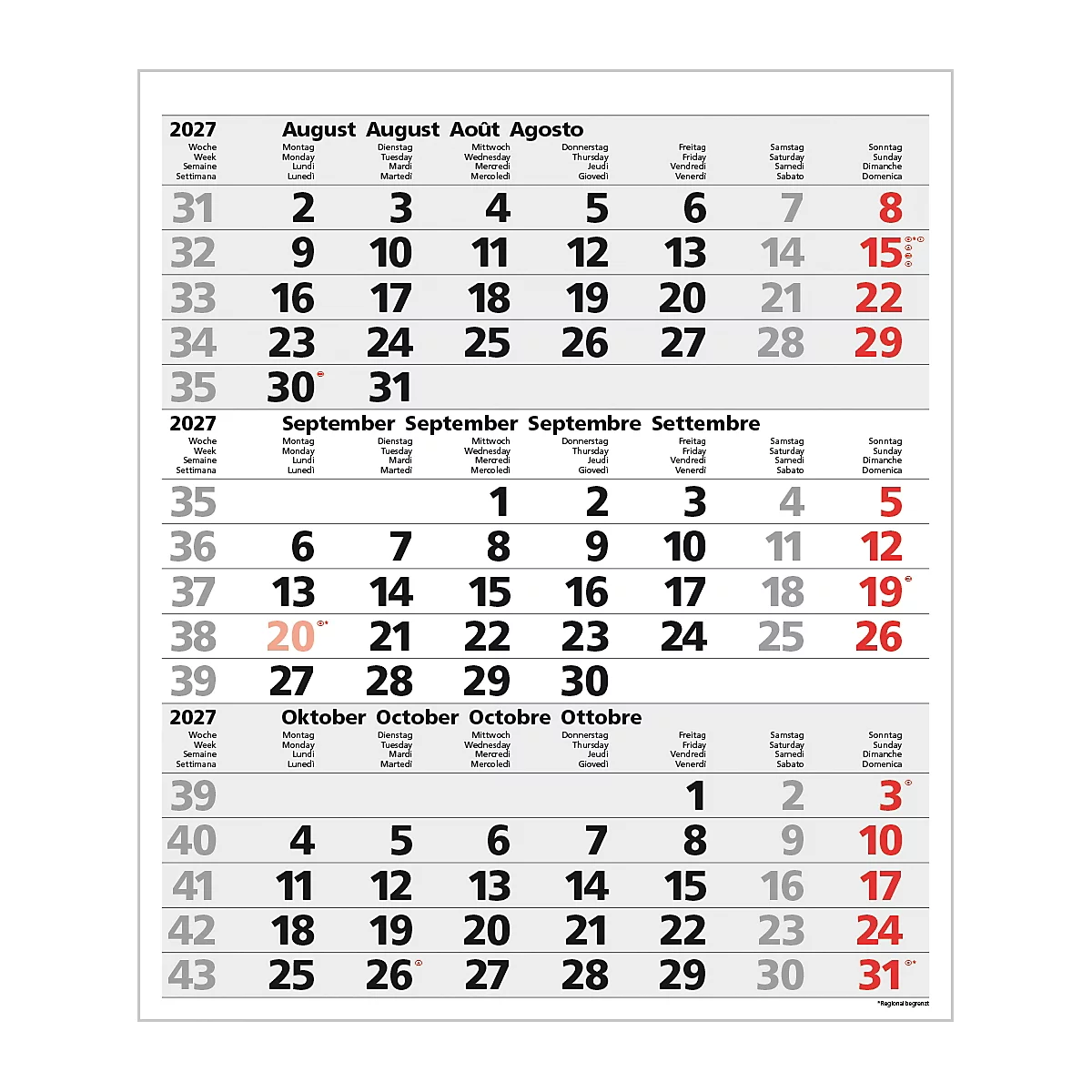 Calendrier pour août, septembre et octobre 2027 en allemand, anglais, français et italien.