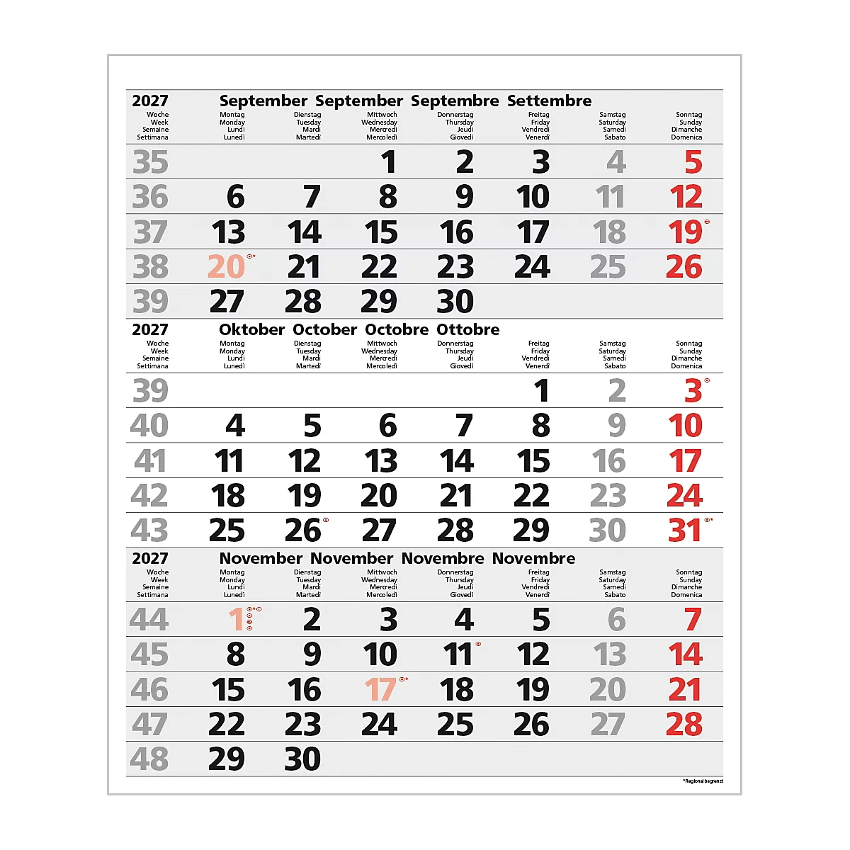 Calendrier 2027 avec septembre, octobre et novembre, avec numéros de semaine et dates.