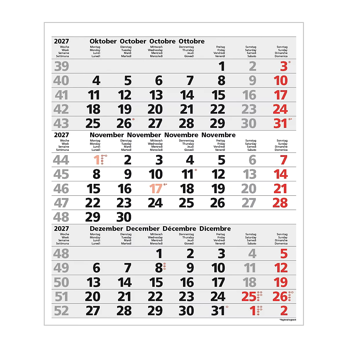 Calendrier 2027 avec les mois d'octobre, novembre et décembre. Les dimanches sont en rouge.