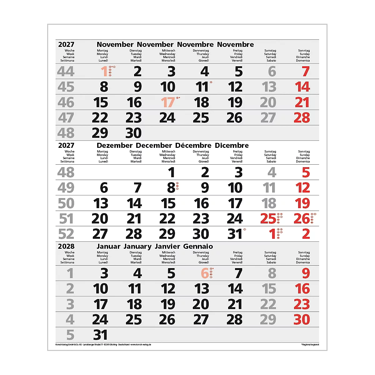 Calendrier avec les mois de novembre 2027, décembre 2027 et janvier 2028. Dates en couleur.