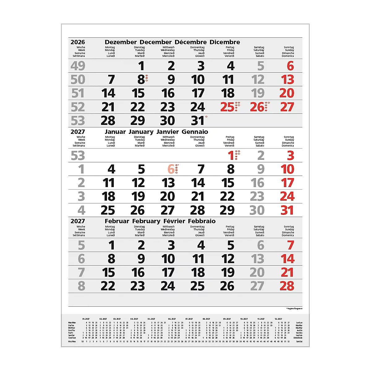 Un calendrier mural trilingue indiquant les dates de 2026 et 2027. Les mois de décembre, janvier, février sont visibles.