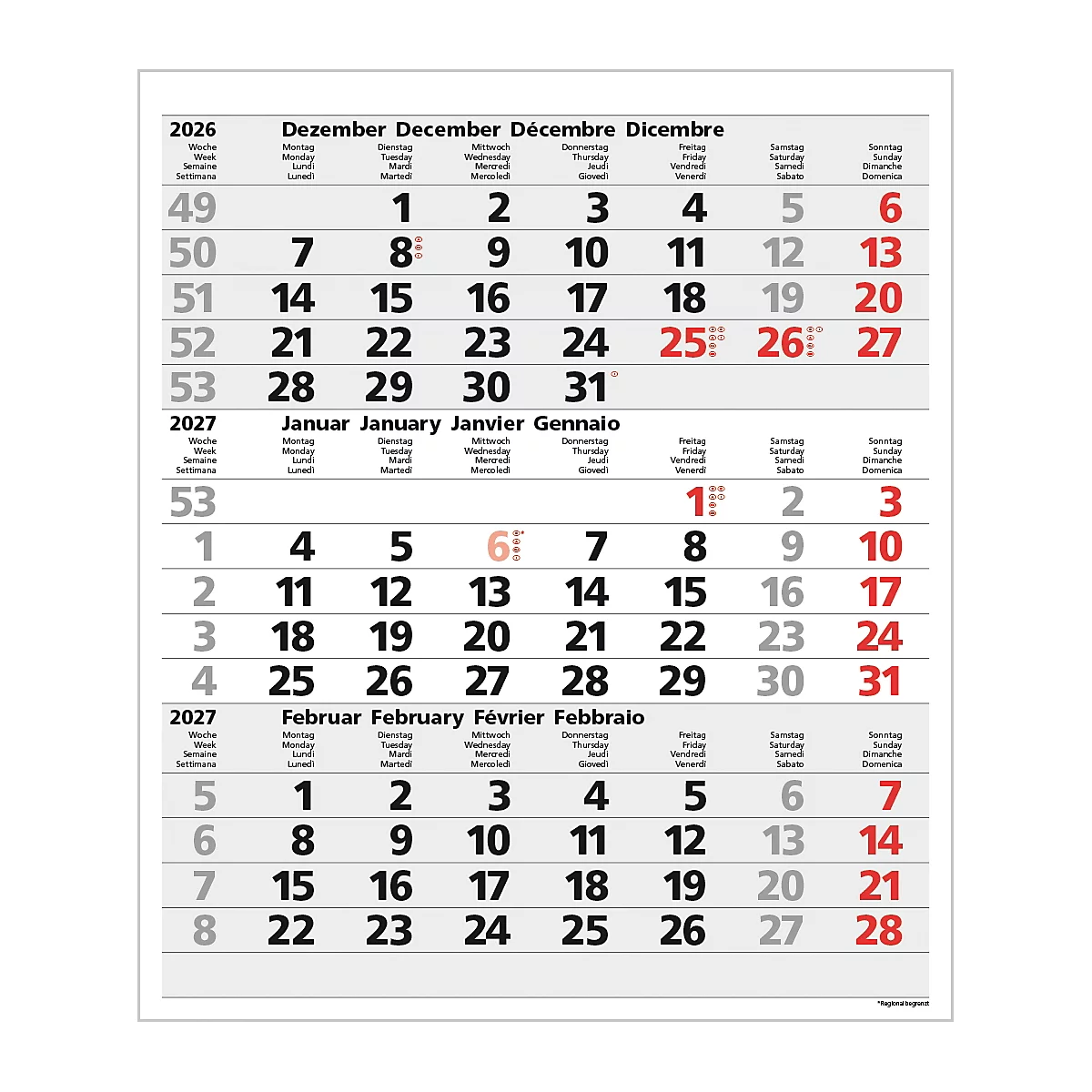 Calendrier avec les mois de décembre 2026, janvier et février 2027. Les dates sont étiquetées en plusieurs langues.