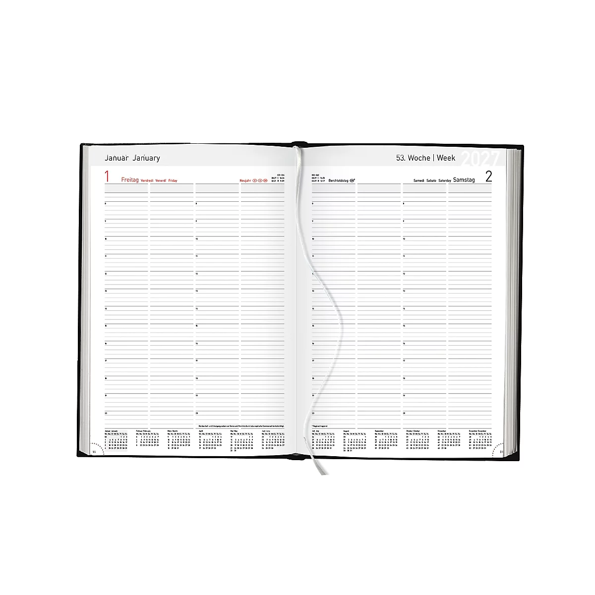 Livre ouvert avec calendrier vierge. Couverture noire, pages blanches, police rouge et noire. Aperçu hebdomadaire avec calendriers mensuels en bas.