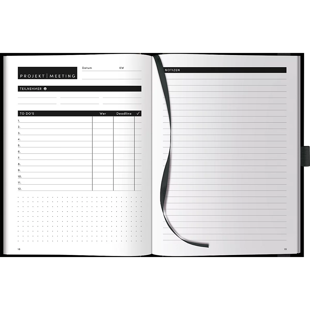 Korsch Projekt- und Meetingplaner, DIN A5, 200 pages, papier FSC, structure en lin, tranche de couleur, élastique &amp; porte-stylo, noir
