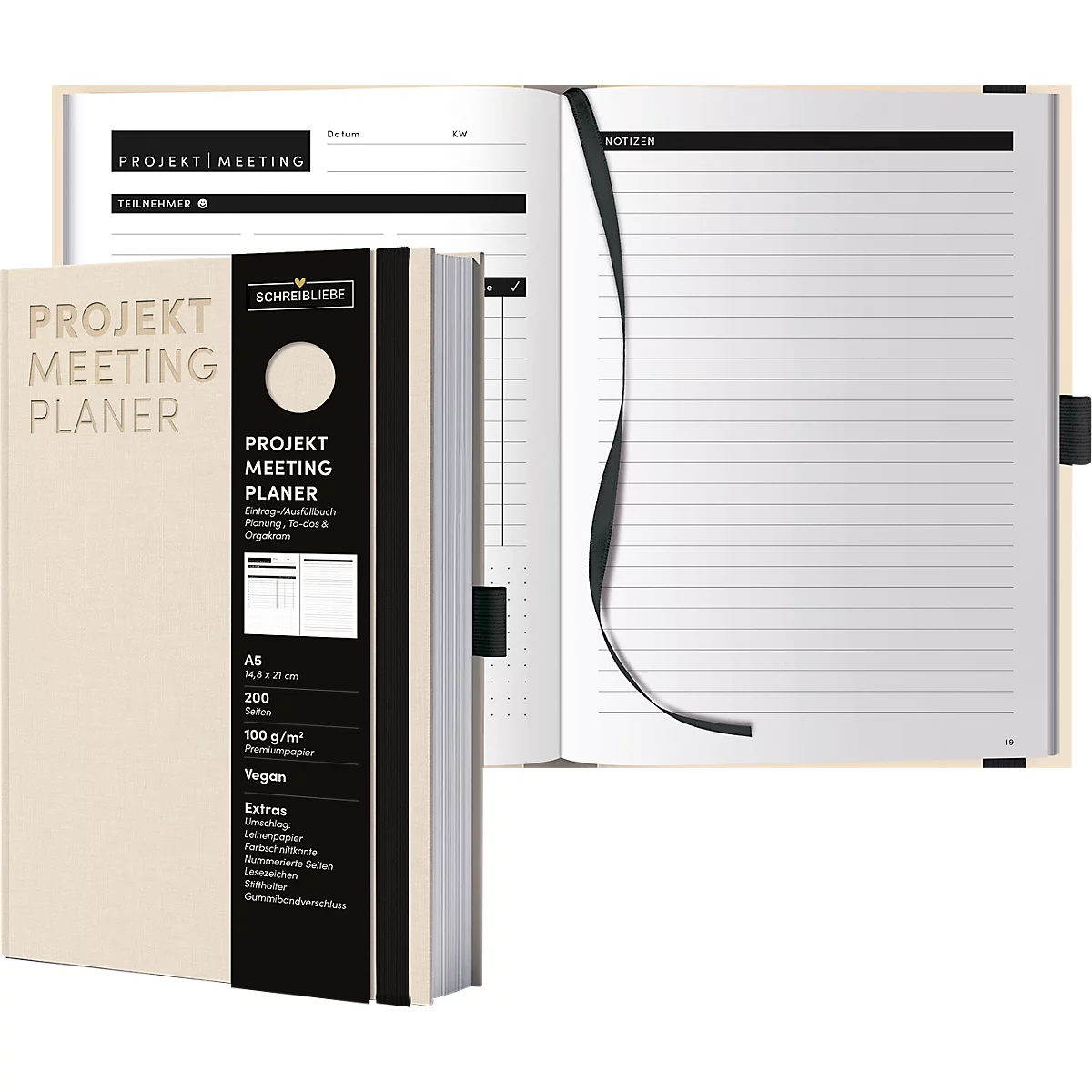 Korsch Projekt- und Meetingplaner, DIN A5, 200 pages, papier FSC, structure lin, tranche colorée, élastique &amp; porte-stylo, beige sable