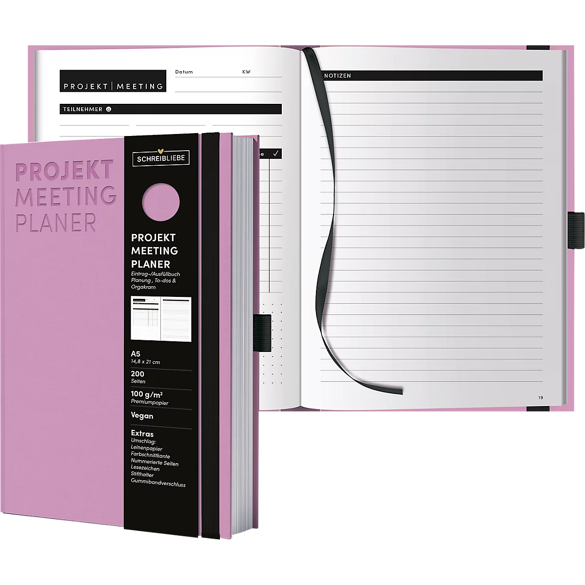 Korsch Projekt- und Meetingplaner, DIN A5, 200 pages, papier FSC, structure lin, tranche colorée, élastique &amp; porte-stylo, lilas