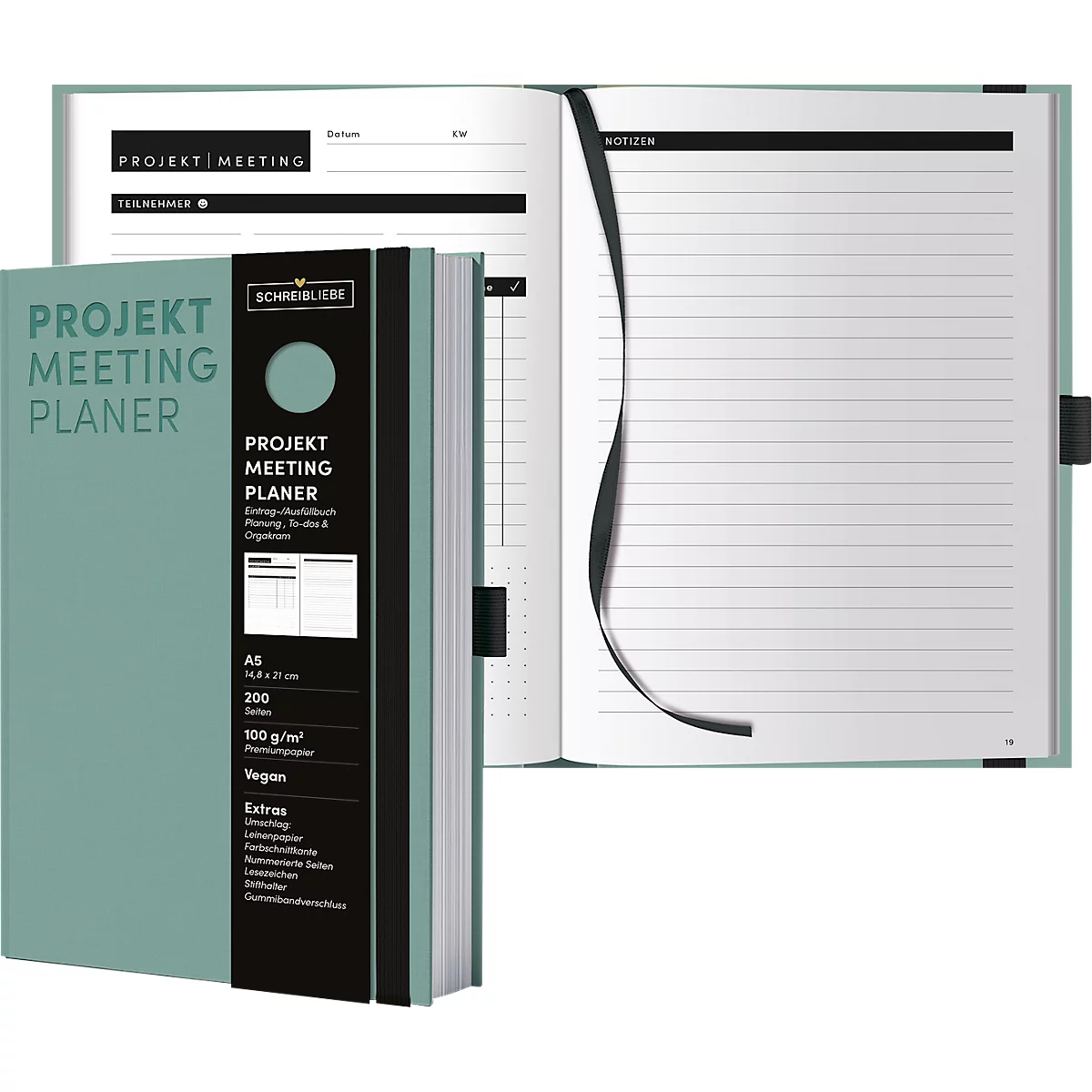 Korsch Projekt- und Meetingplaner, DIN A5, 200 pages, papier FSC, structure lin, tranche colorée, élastique &amp; porte-stylo, menthe