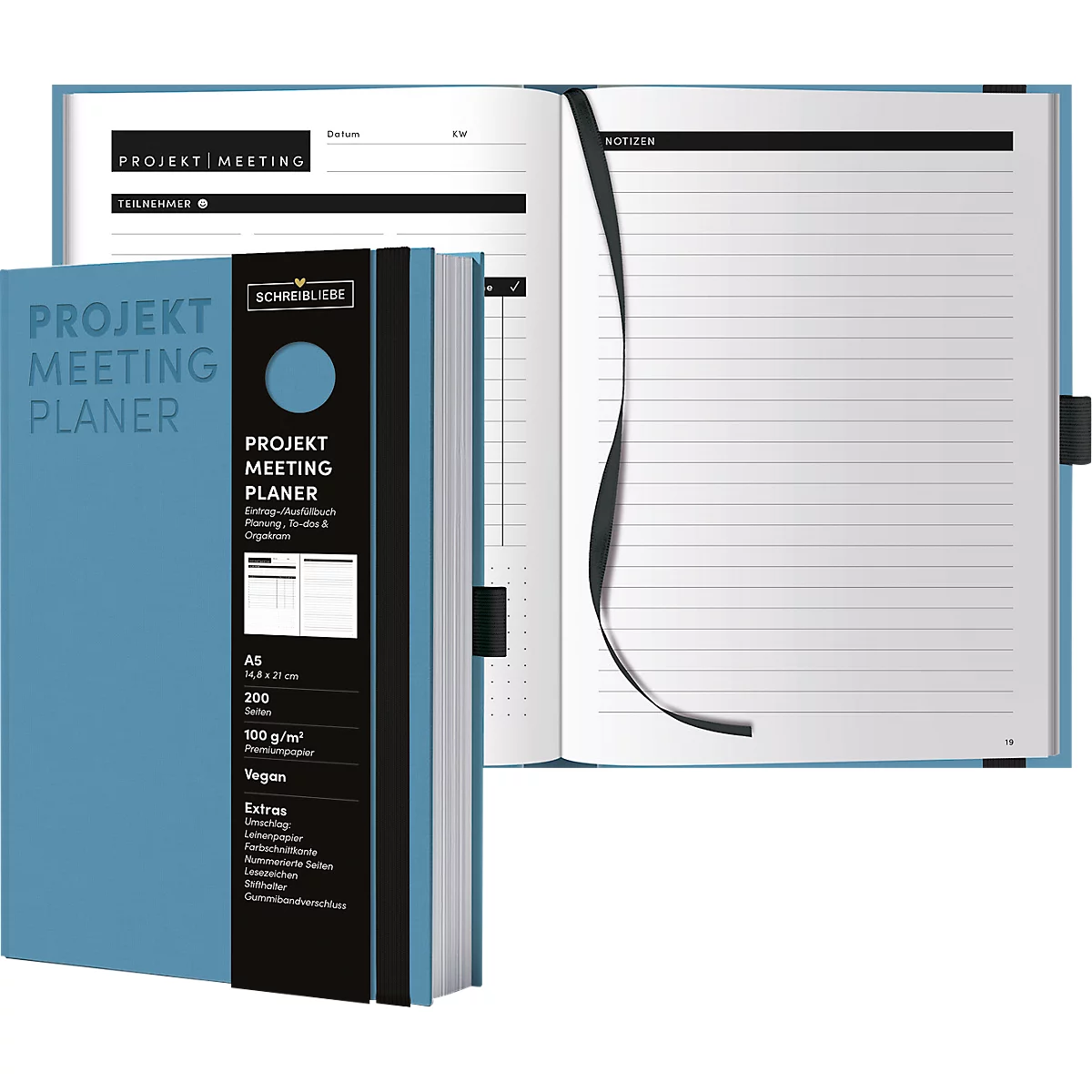 Korsch Projekt- und Meetingplaner, DIN A5, 200 pages, papier FSC, structure lin, tranche de couleur, élastique &amp; porte-stylo, bleu