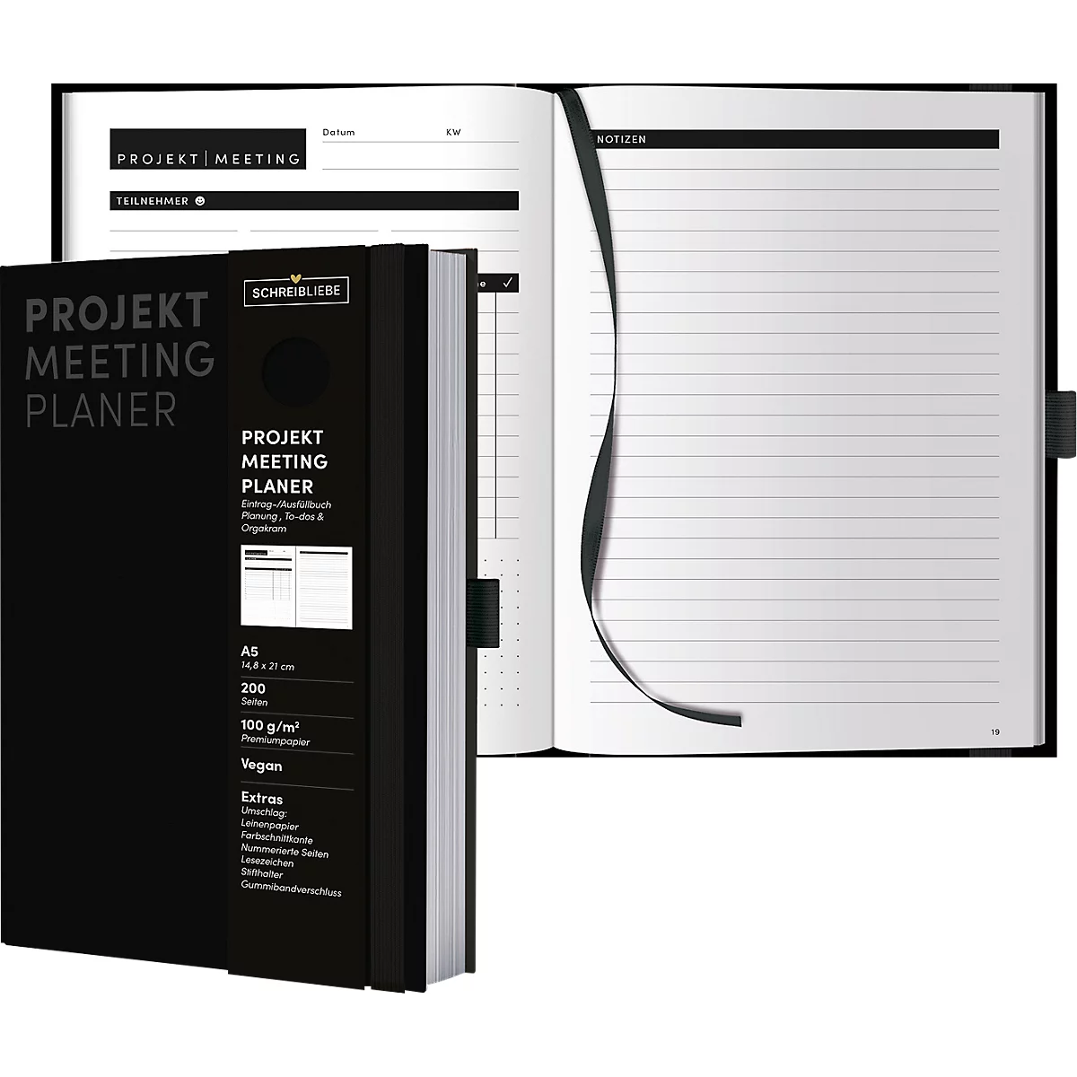 Korsch Projekt- und Meetingplaner, DIN A5, 200 Seiten, FSC-Papier, Leinenstruktur, Farbschnittkante, Gummiband & Stiftehalter, schwarz